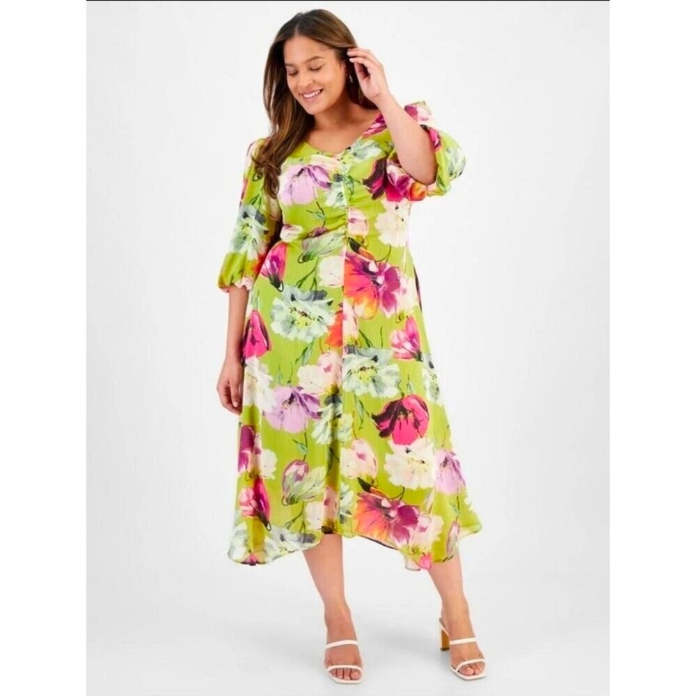 Taylor NWT Floral Pleated Ruched Midi Dress Plus Size 14W Lime Green Fuchsia